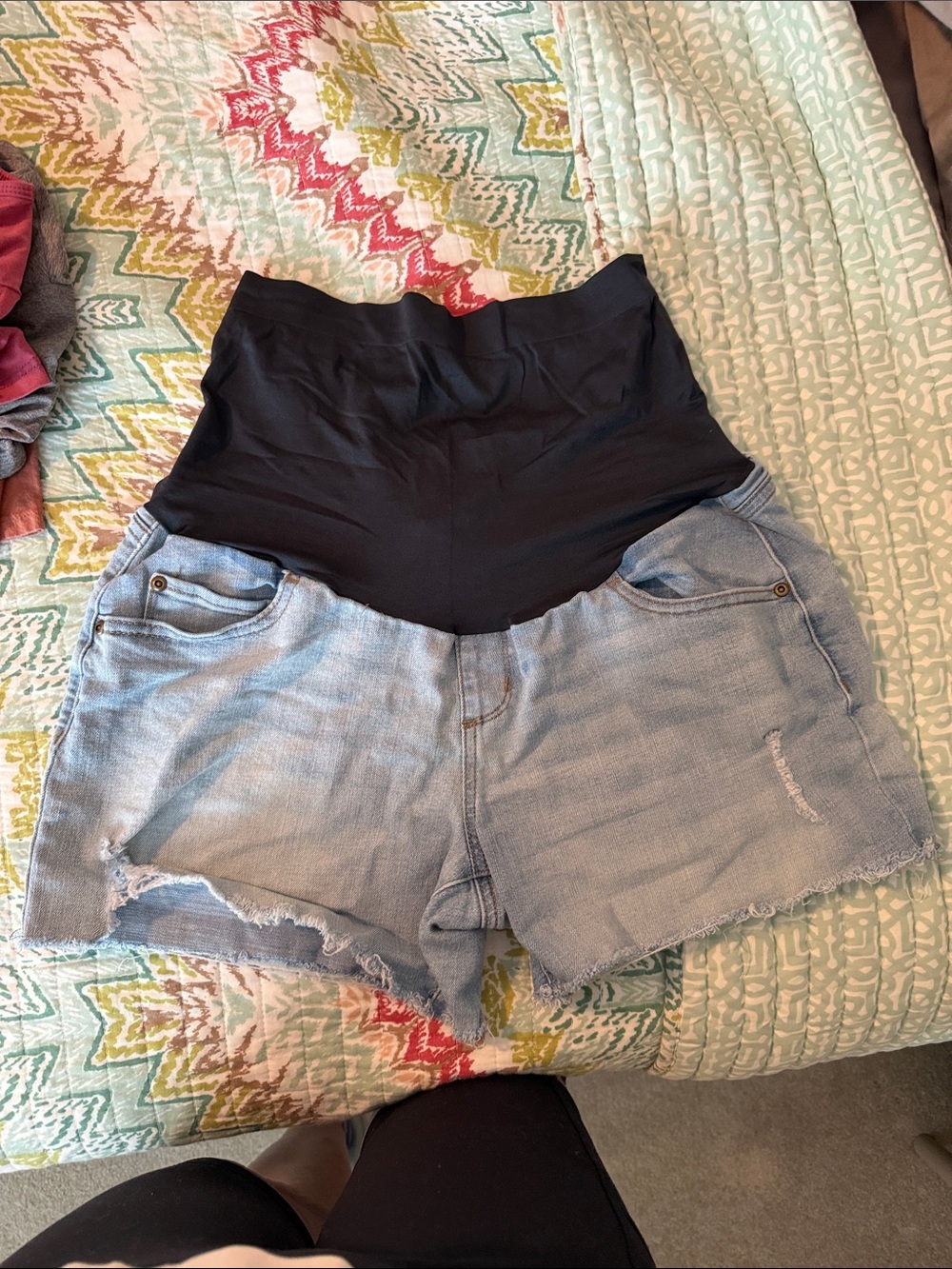 Light Wash Maternity Jean Shorts with Black Overband